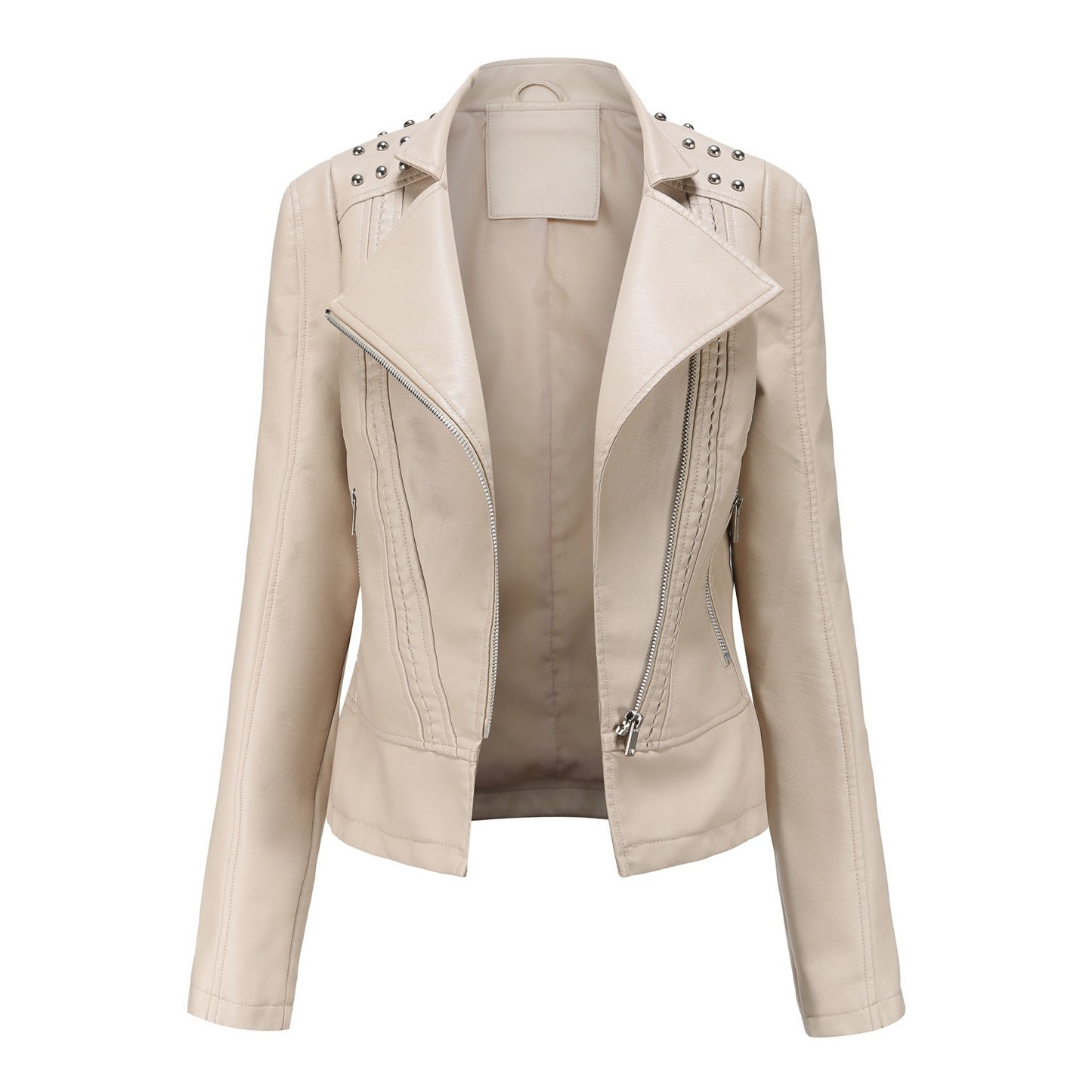 Beaded Leather Women's Long-sleeved Fashion Jacket Lapel Motorcycle Clothing Thin Women's Jacket