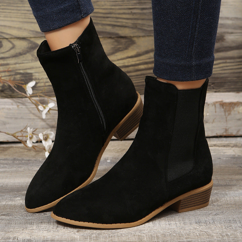 Women's Shoes Mid-calf Suede Pointed-toe Side Zip Chunky Heel Ankle Boots LadyShow.Store
