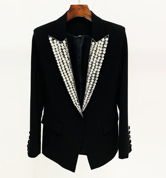 Women's Rhinestone Beaded One Button Slim Blazer Jacket Pi-Mart
