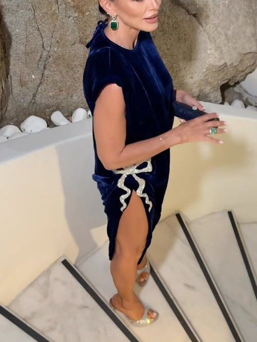 Navy Blue Velvet Gown With White Bow And High Slit Detail NorixaFashion.com