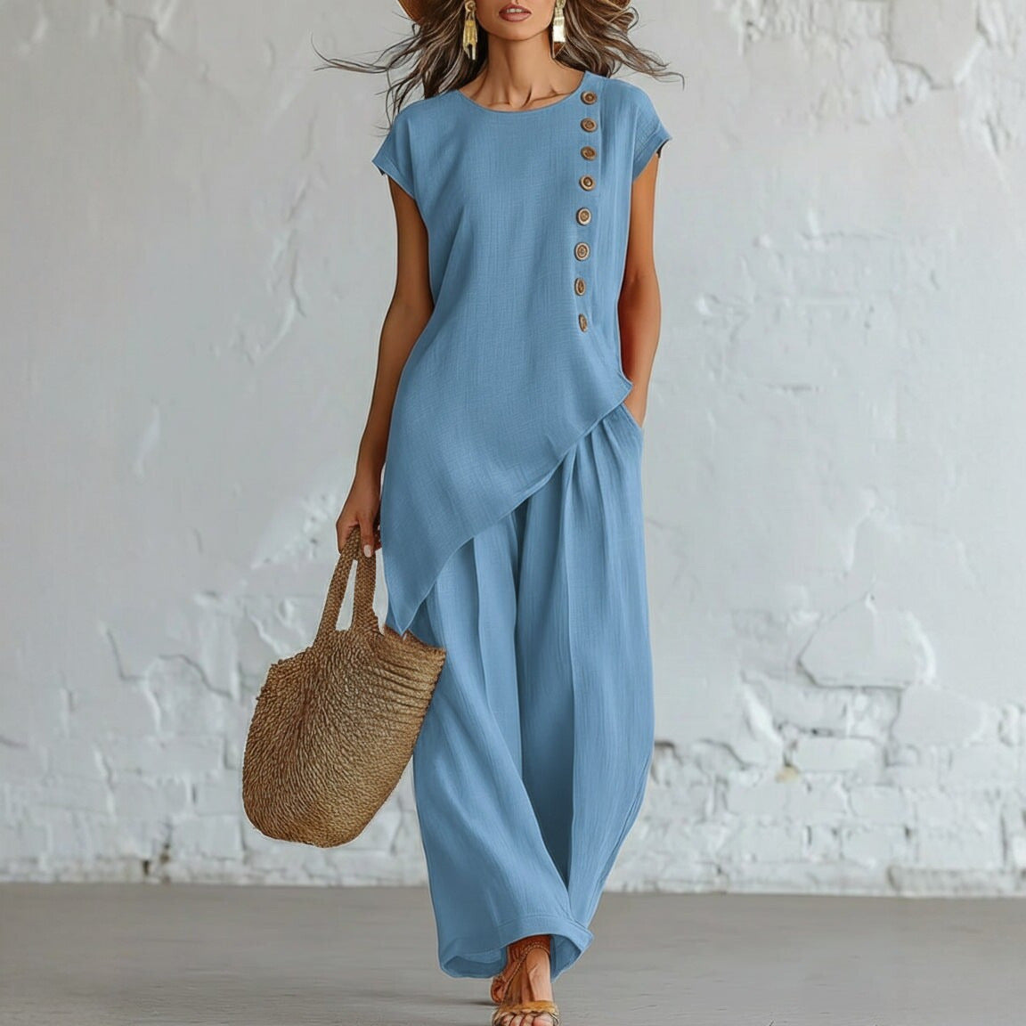 Womens Solid-Color Crew-Neck Buttoned Short-Sleeve Wide-Leg Pants Set NorixaFashion.com