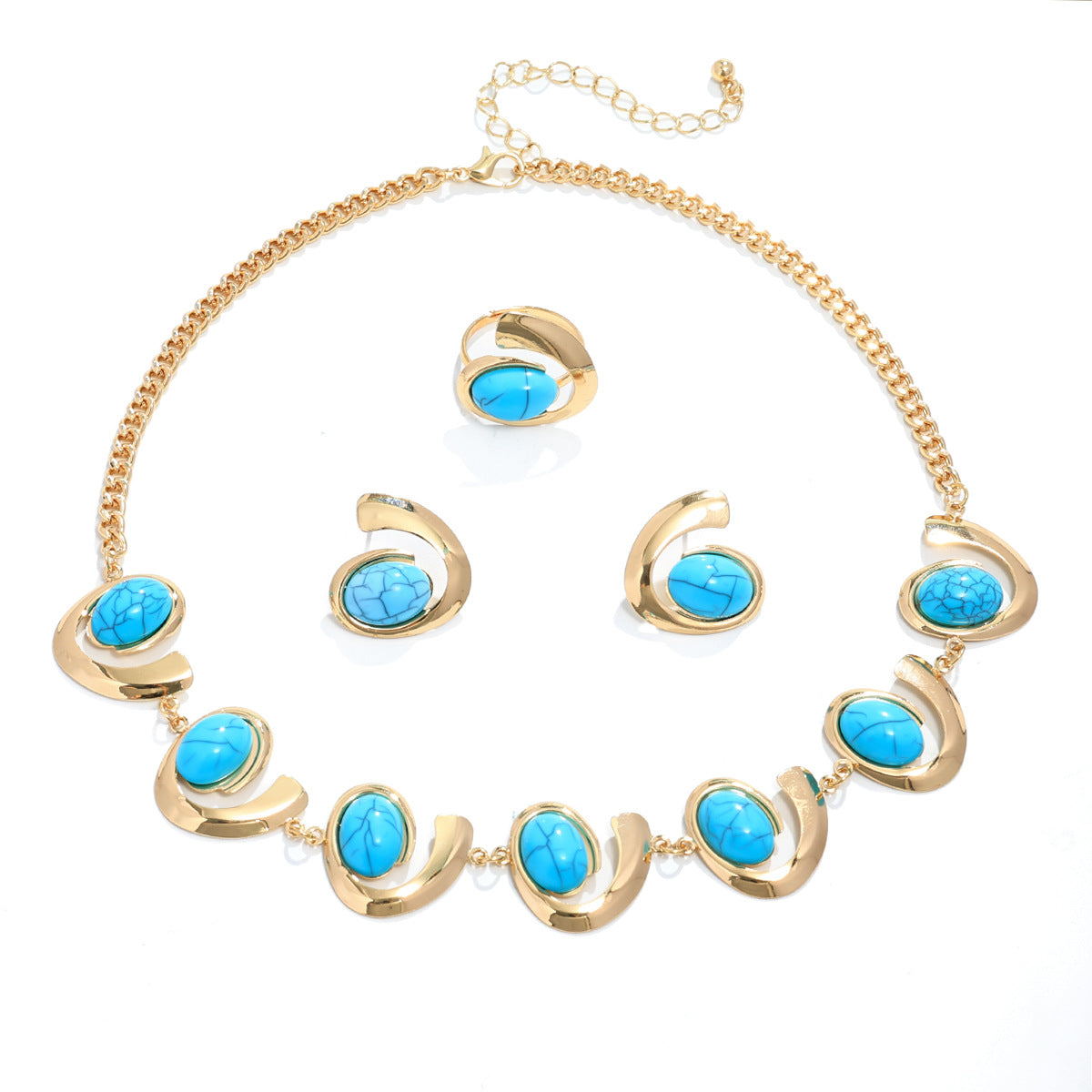 Inlaid Turquoise Spiral Earrings Necklace Bracelet Ring Set LadyShow.Store