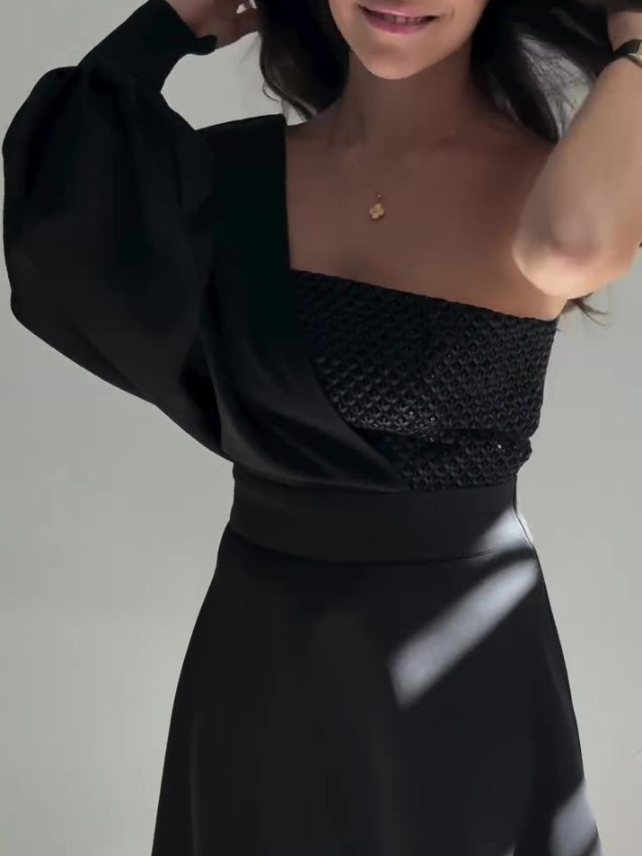 Black Two-Piece Set With Textured Strapless Top And Flared Mini Skirt NorixaFashion.com