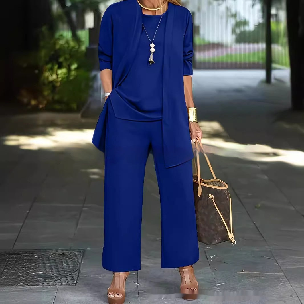 3-piece Cardigan Suit Pure Color Split Sleeveless Vest Top Long Sleeve Jacket And Wide Leg Pants Set NorixaFashion.com
