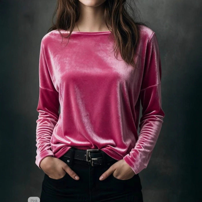 Female Solid Color Loose Fit Crew-neck Pullover Velvet T-shirt LadyShow.Store