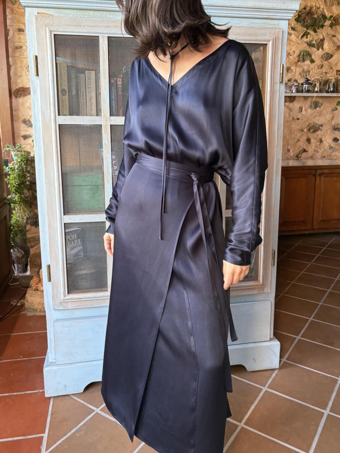 Navy Blue Satin Tie-Waist Slit Long Sleeve Maxi Dress NorixaFashion.com