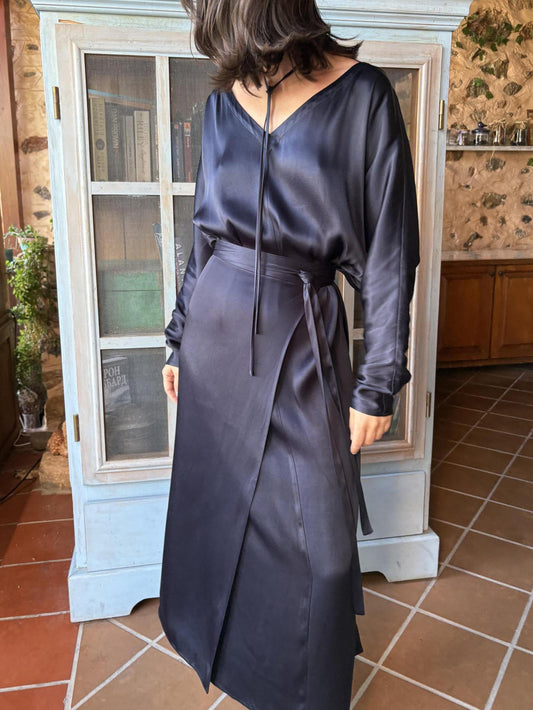 Navy Blue Satin Tie-Waist Slit Long Sleeve Maxi Dress NorixaFashion.com