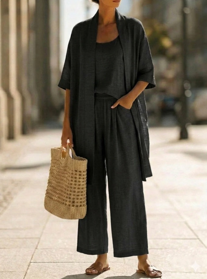 Three-piece Suit Women's Mid-length Cardigan Tank Top And Straight-leg With Pockets Fashion Trousers Set NorixaFashion.com