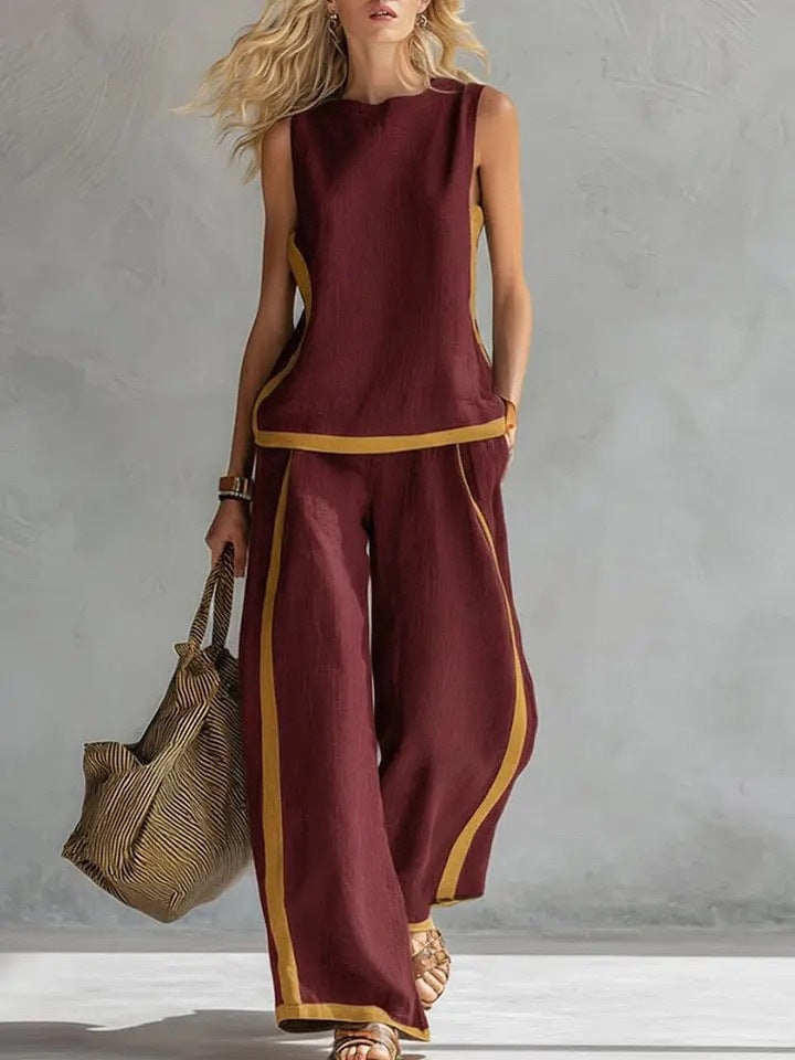 Summer Suits Round-neck Sleeveless Vest Top And High-waist Wide-leg Pants Casual Loose Set NorixaFashion.com