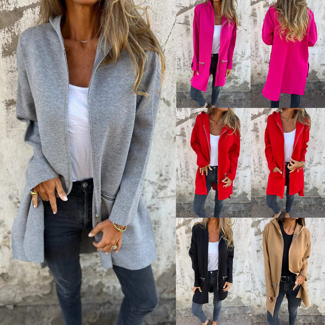 Zip-up Hooded Cardigan Coat Fashion Solid Color Pocket Jacket Fall And Winter Women's Coat Clothing NorixaFashion.com