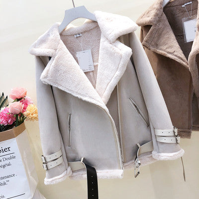 Lamb Wool Jacket, Thick Suede Leather Motorcycle Coat Pi-Mart