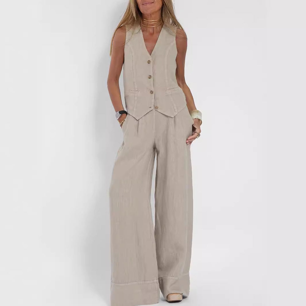 Summer Vest Suits V-neck Botton Sleeveless Top And Loose Straight Trousers Casual Womens Clothing NorixaFashion.com