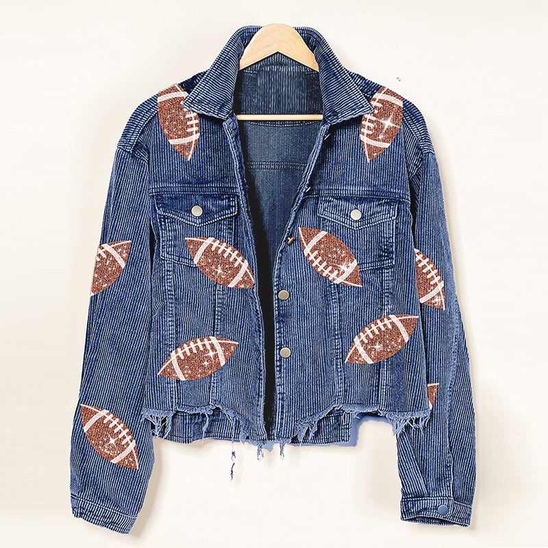 Fashion Corduroy Jacket Fashion Rugby Print Baseball Jacket Autumn And Winter Tops Clothes For Women CJD