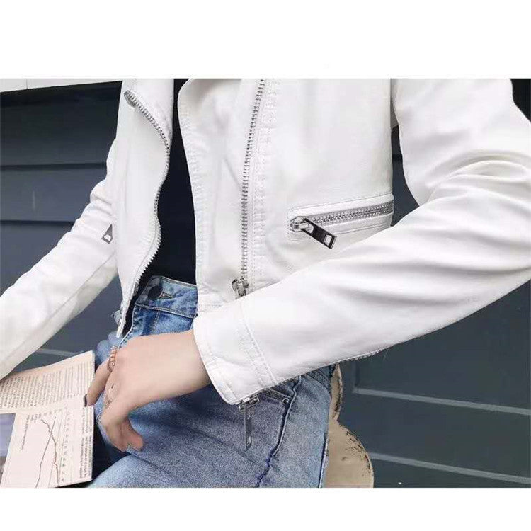 Motorcycle Leather Women's Short Slim Fit Plus Size Washed Leather Jacket LadyShow.Store