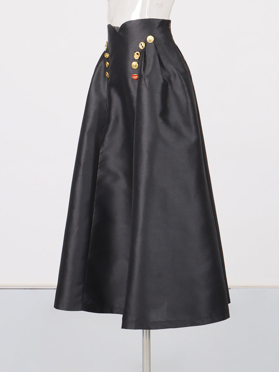 Irregularly Shaped Button-decorated Pleated Midi Skirt NorixaFashion.com