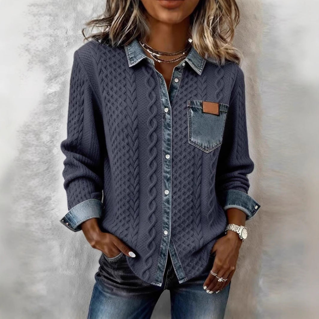 Stylish, Versatile Knitted Patchwork Denim Shirt For Women NorixaFashion.com