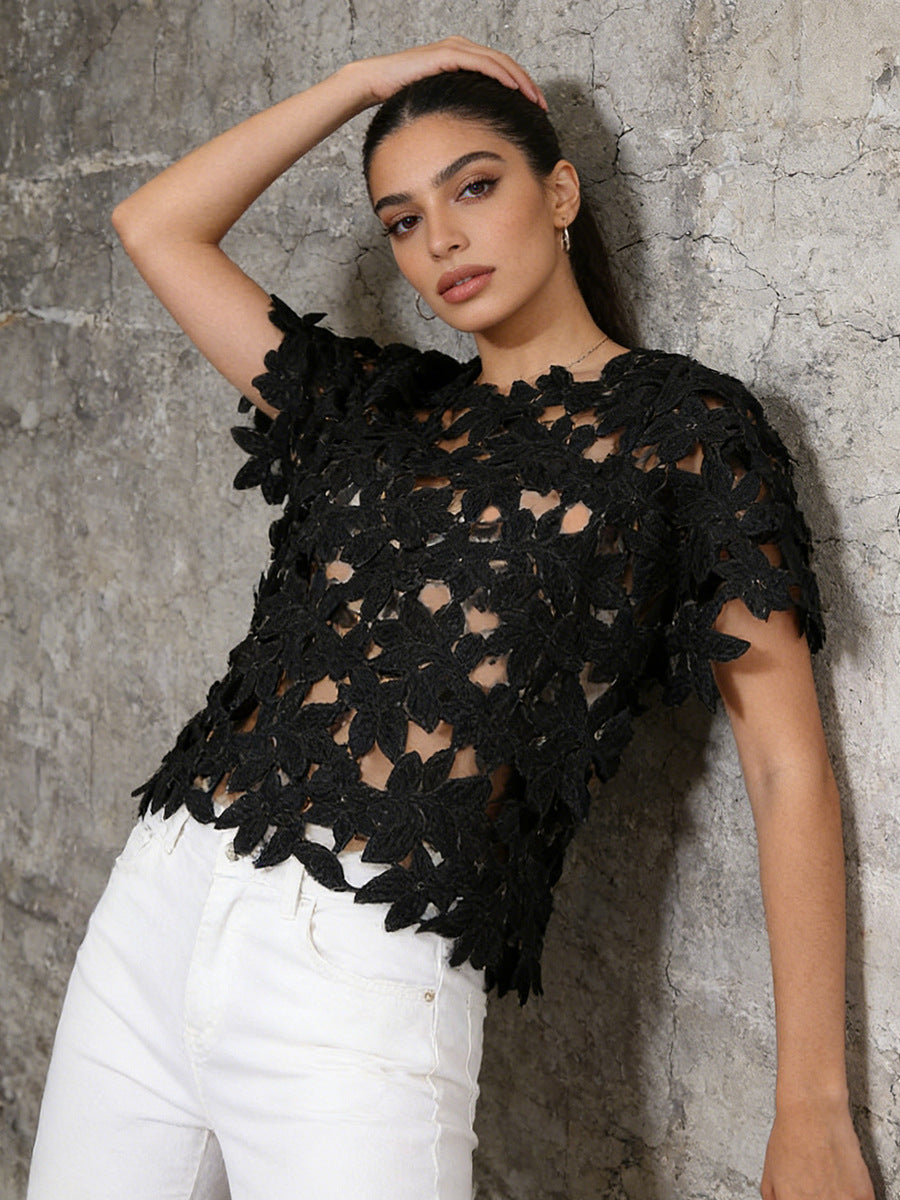 Black Floral Lace Cut-Out Short Sleeve Top NorixaFashion.com