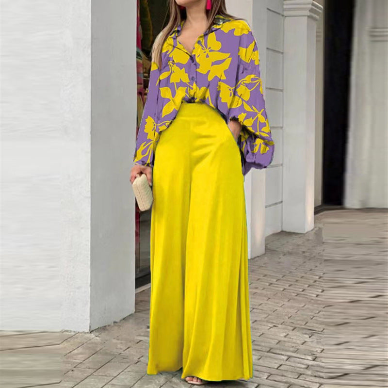Loose And Elegant Casual Printed Shirt Top Wide Leg Pants Fashion Suit NorixaFashion.com
