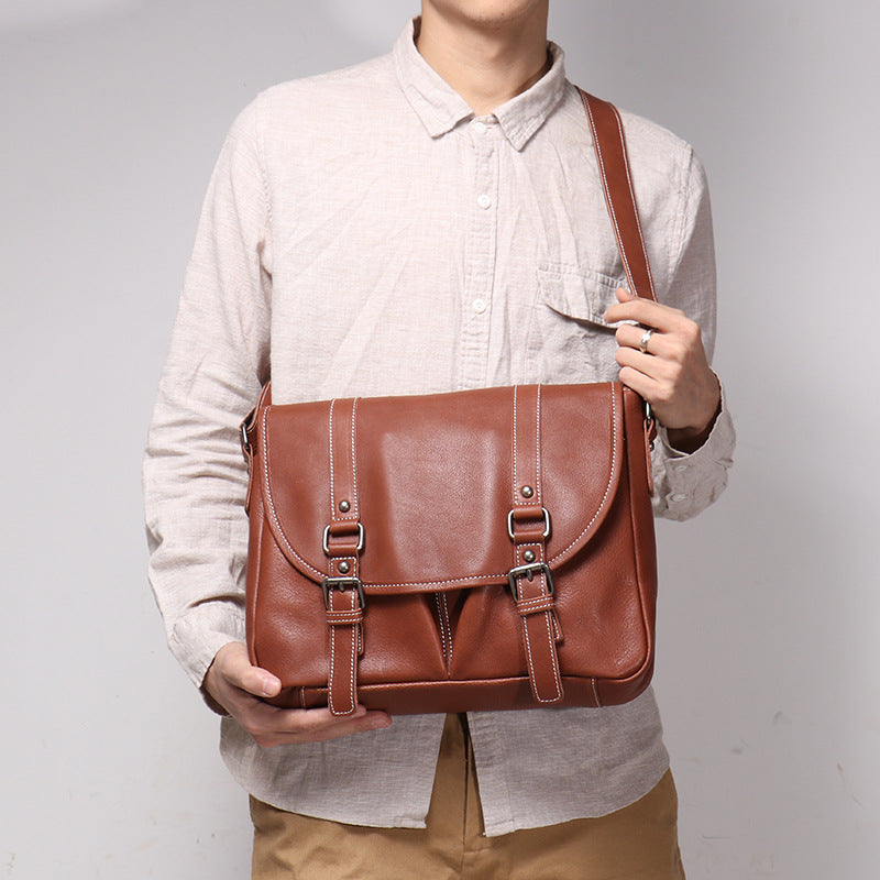 Mens Full-Grain Leather Large-Capacity Shoulder Bag LadyShow.Store