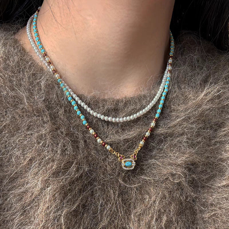 Natural Turquoise Pearl Necklace Chinese Style Traditional Clavicle Necklace LadyShow.Store