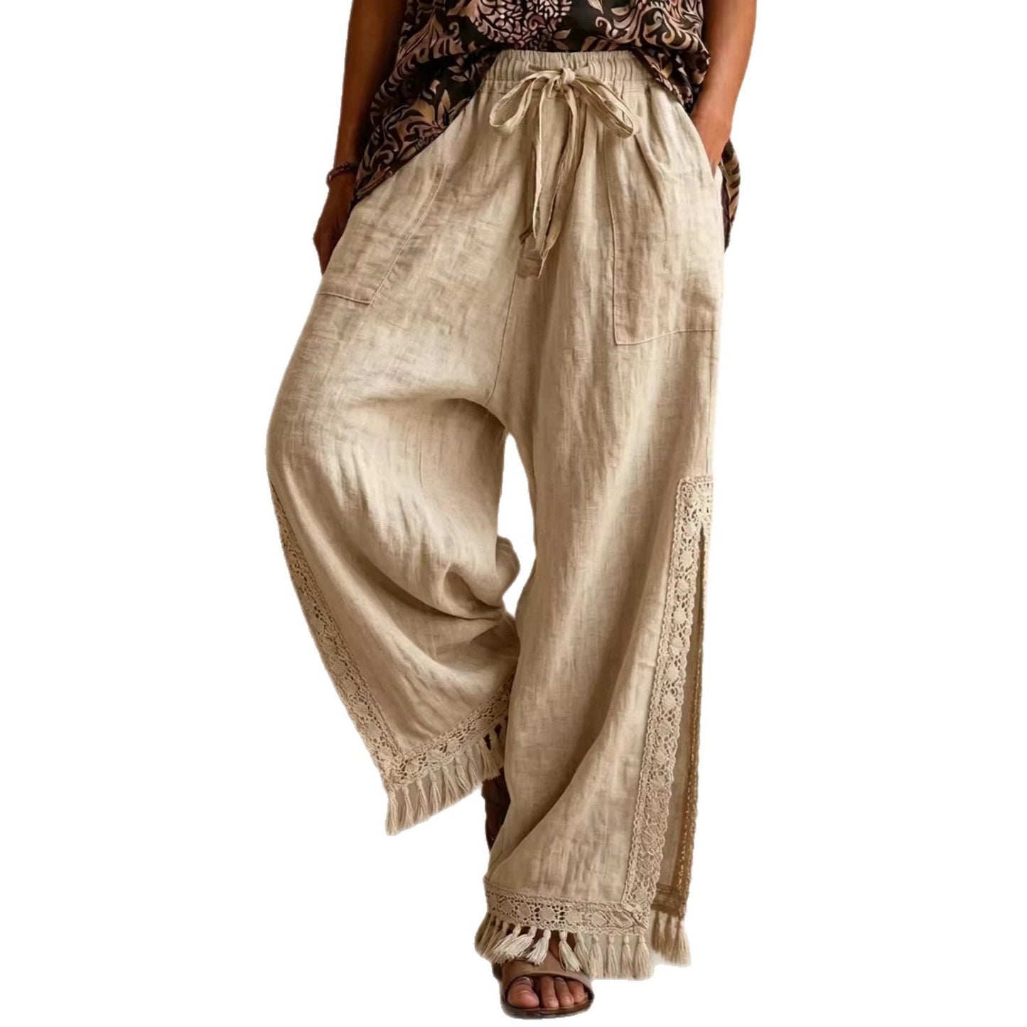 Side-slit Lace Tassel Bohemian-style Wide-leg Vacation Pants NorixaFashion.com