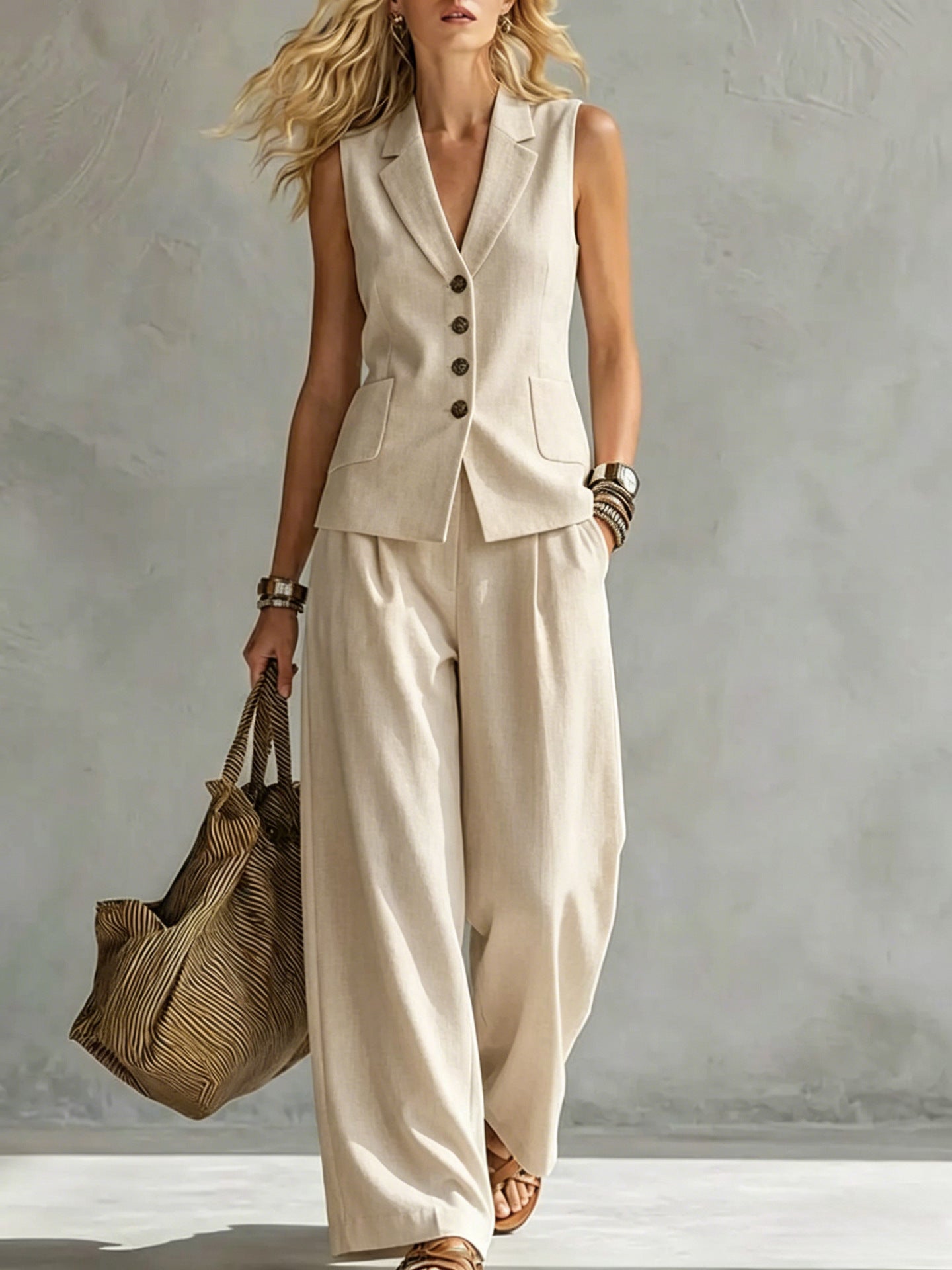 Two-piece V-Neck Sleeveless Vest And Wide Leg Pants For Women Summer Solid-Colored Sleeveless Casual Linen Tank Top And Pants Set NorixaFashion.com
