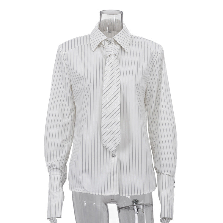 Commuter Striped Tie Collared Long-sleeved Shirt NorixaFashion.com