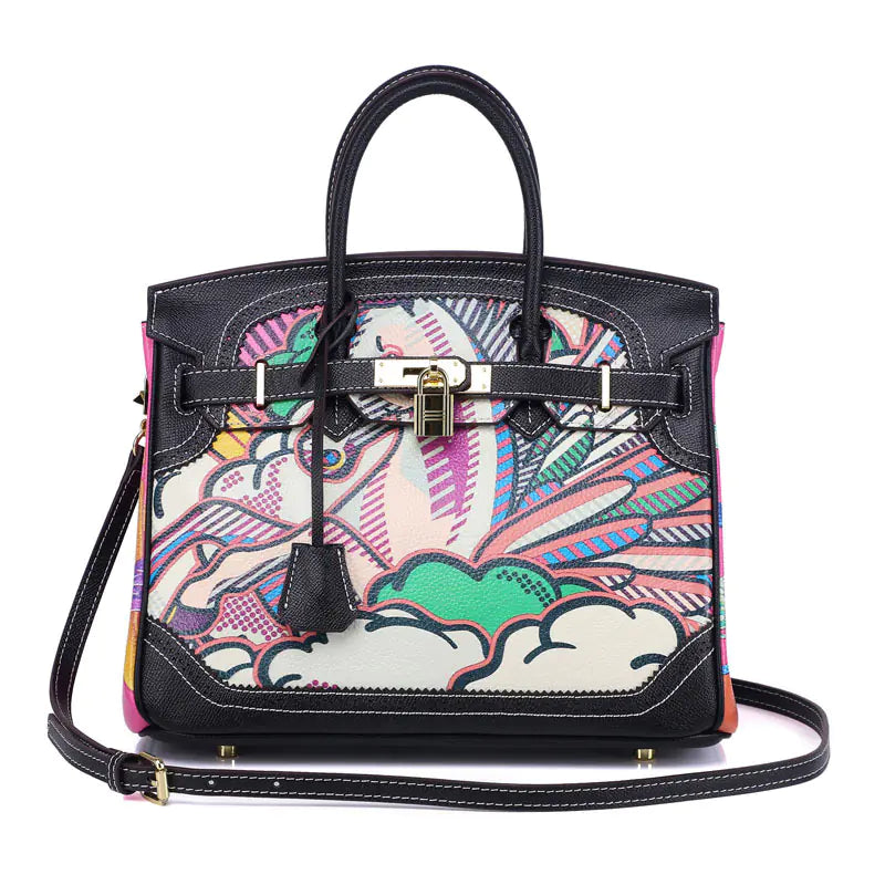 Custom Graffiti Lace Platinum Genuine Leather Handbag