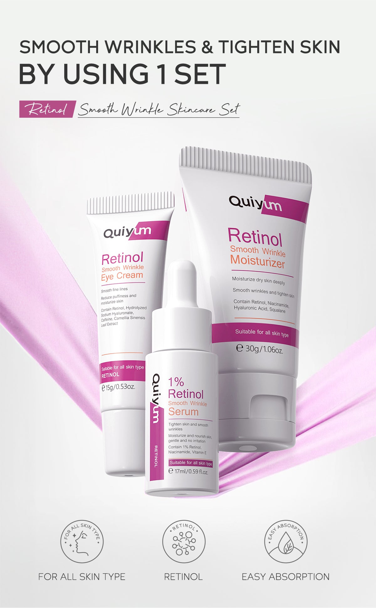 QUIYUM Retinol Smooth Wrinkle Skincare Set · For All Skin Types · Smooth Wrinkles & Fine Lines Improve Skin Elasticity & Radianc Pi-Mart