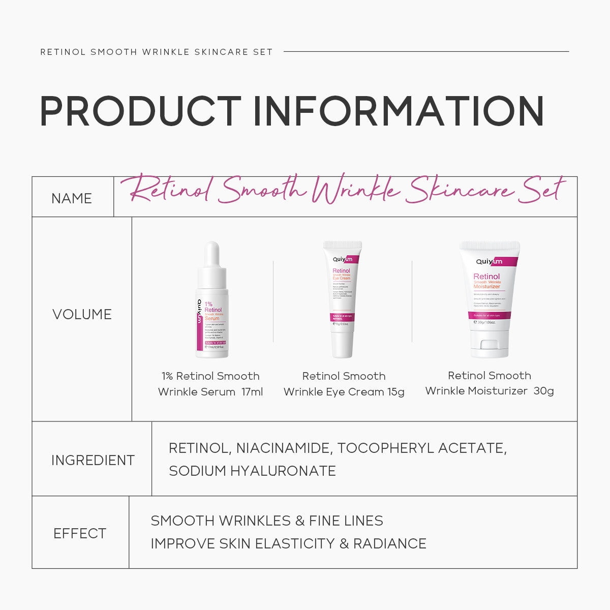 QUIYUM Retinol Smooth Wrinkle Skincare Set · For All Skin Types · Smooth Wrinkles & Fine Lines Improve Skin Elasticity & Radianc Pi-Mart