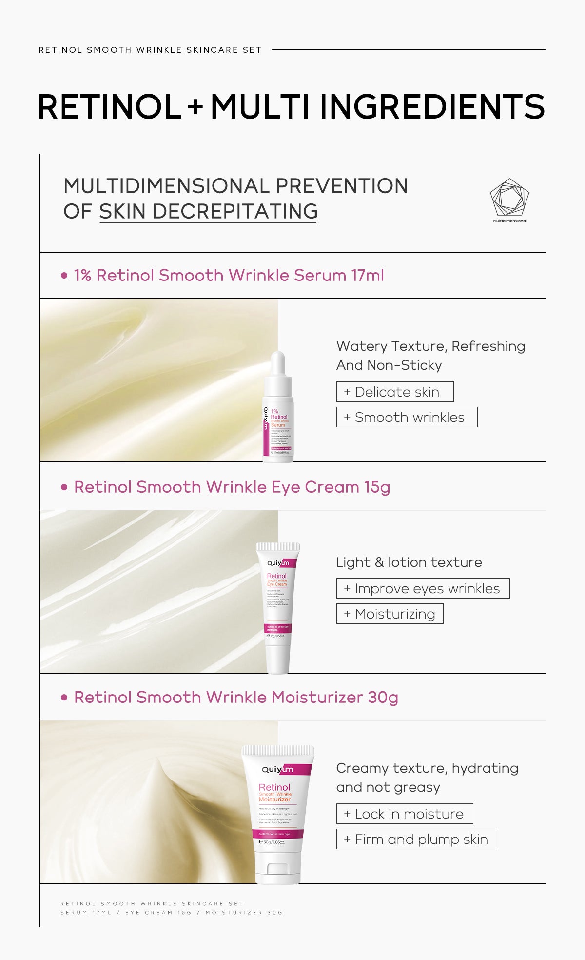 QUIYUM Retinol Smooth Wrinkle Skincare Set · For All Skin Types · Smooth Wrinkles & Fine Lines Improve Skin Elasticity & Radianc Pi-Mart