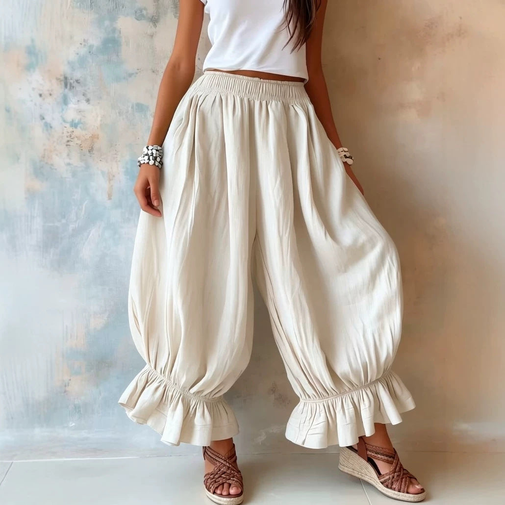 Loose Casual Cotton-linen Flared Pants With Ruffled Hems For Women NorixaFashion.com