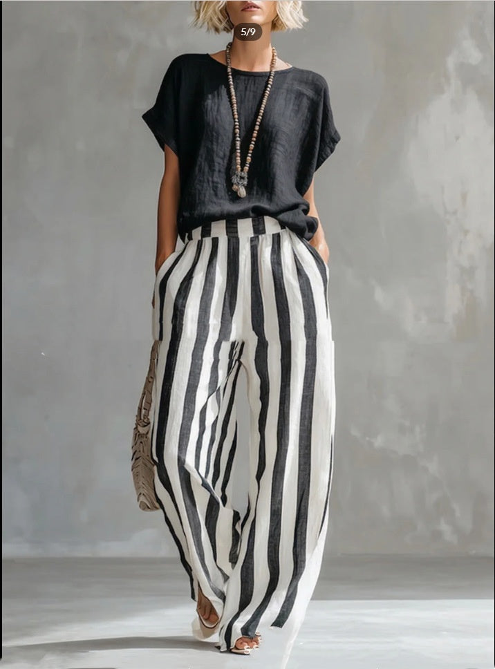 Short-sleeved Trousers Suit Summer Fashion Round Neck Pullover T-Shirt And Striped Print Straight Leg Pants Two-Piece Clothing For Women Best YouTube Store