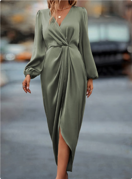 Temperament Pure Color Waist-tight Split V-neck Dress Women LadyShow.Store