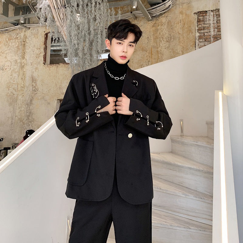 Black Iron Ring Decor Stylish Suit Jacket and Loose Blazer Pi-Mart