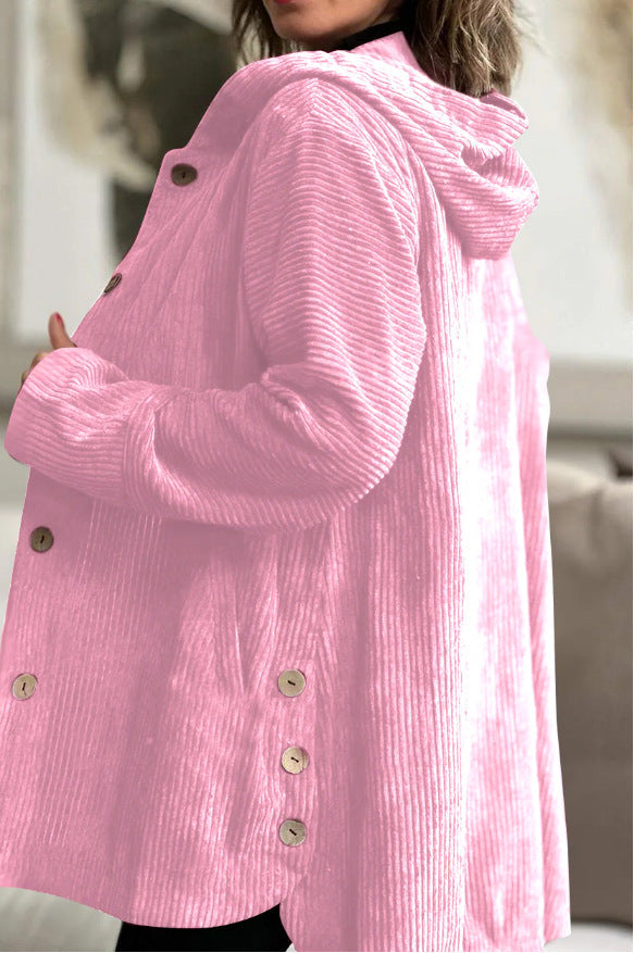 Women's Corduroy Hooded Jacket Fashion Warm Pockets Button Mid-length Top Casual Fall Winter Outwear Clothing LuxuryLifeWay Online Store