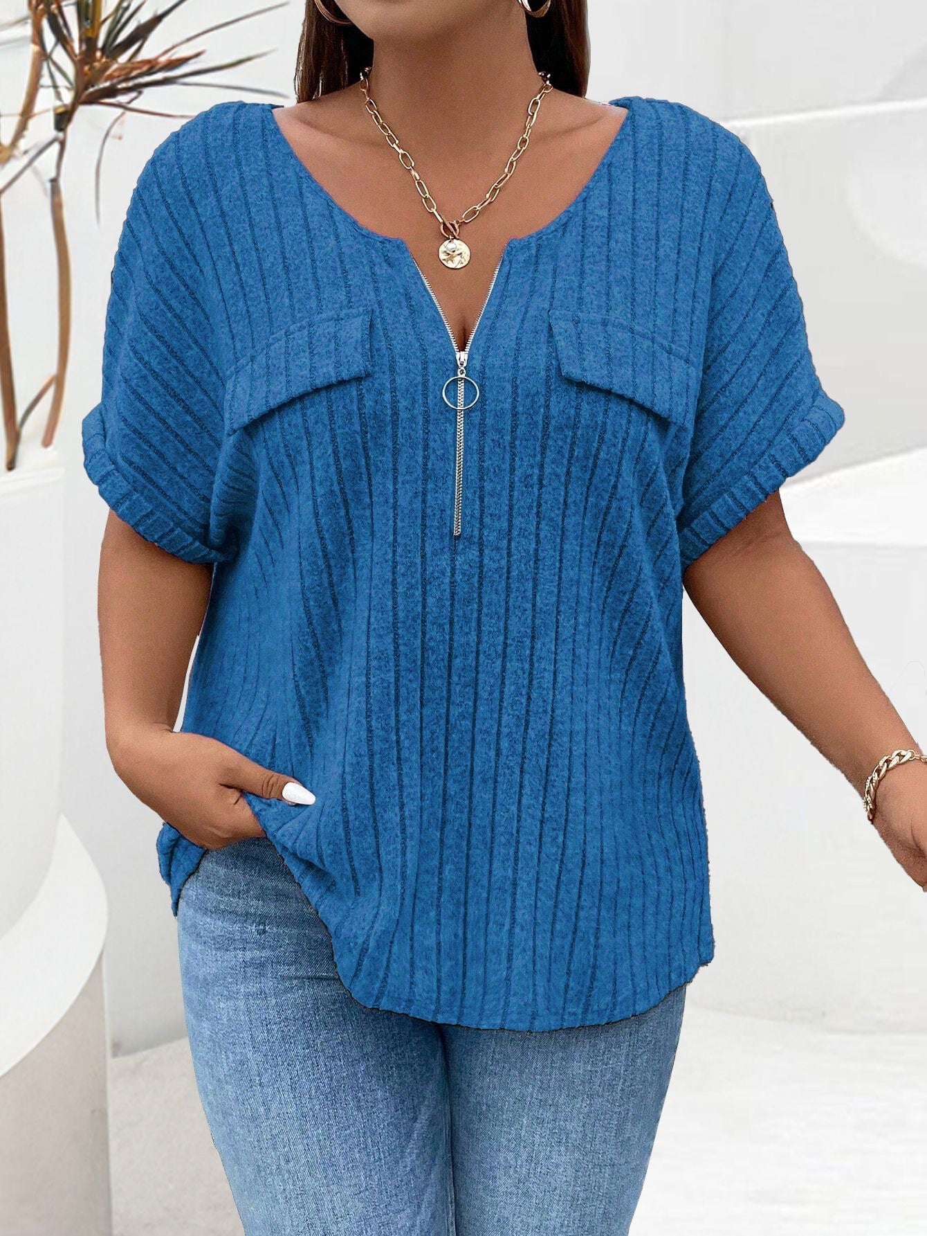 Solid-color Plus-size Top With Zipper Short Sleeves And Faux Pockets NorixaFashion.com