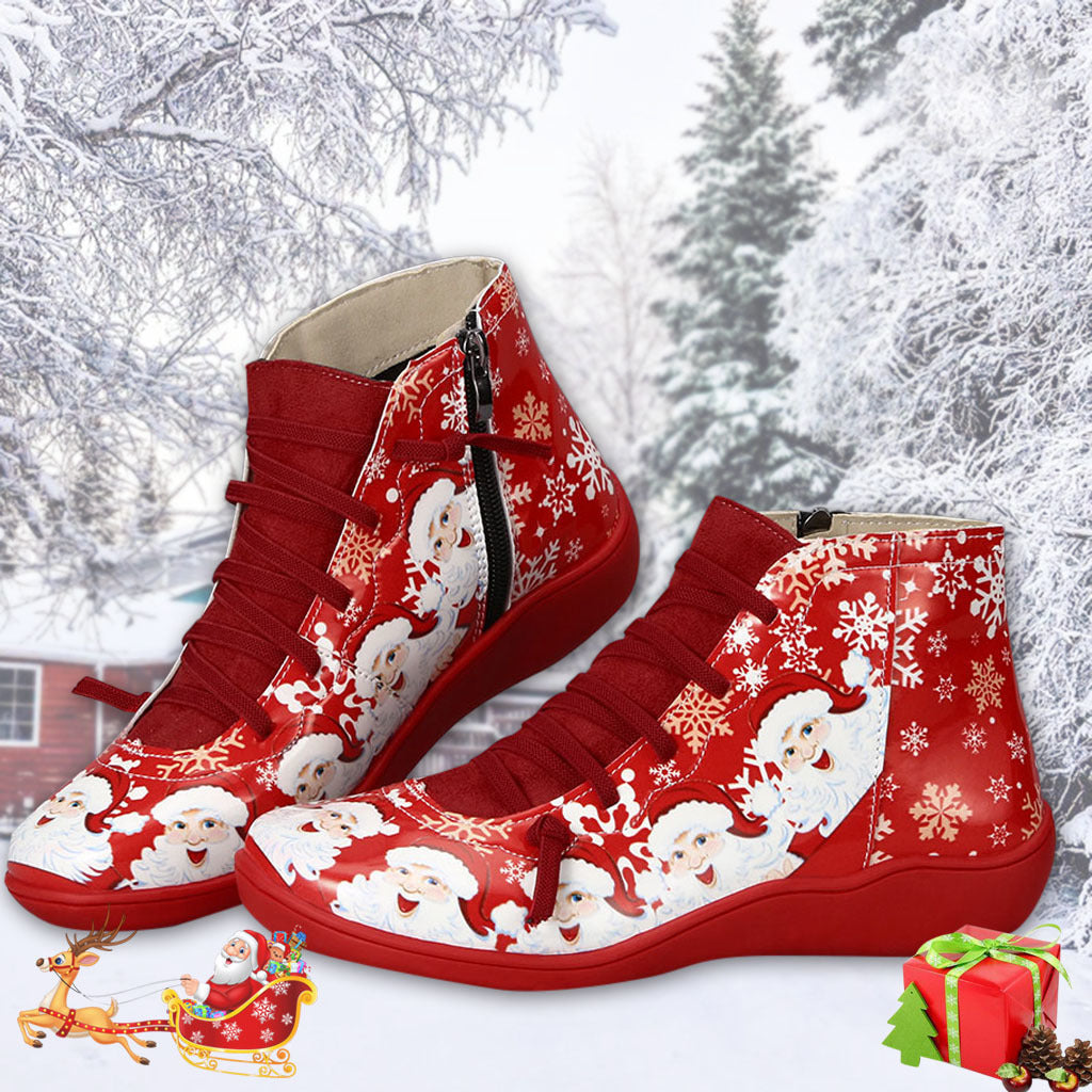 Christmas Ankle Boots Women Santa Claus Snowflake Print Flats Shoes Casual Slip-on Side Zipper Design Short Boot