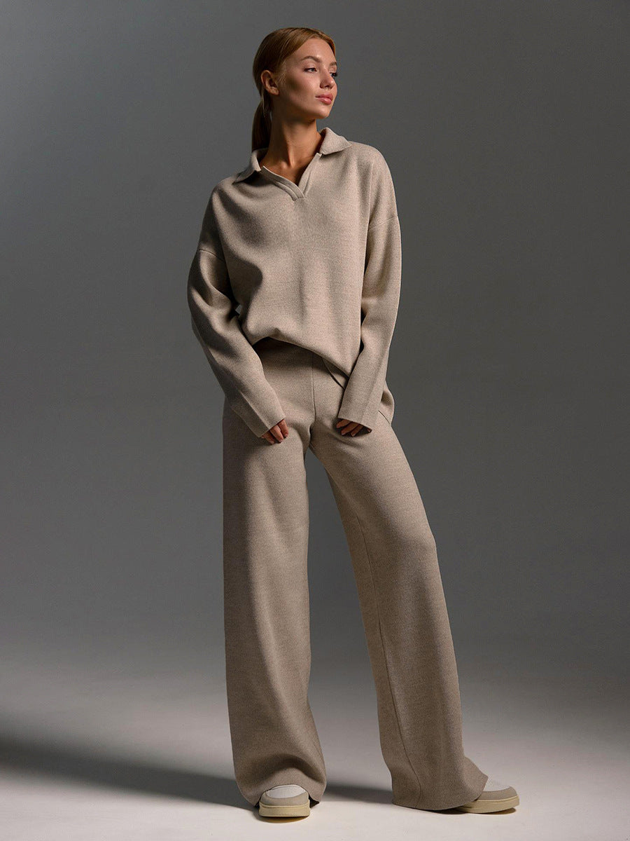 Fall Winter Two Piece Set Women's Simple Loose Solid Color Collar Sweater Set Fashion Casual Sport Wear Set LadyShow.Store