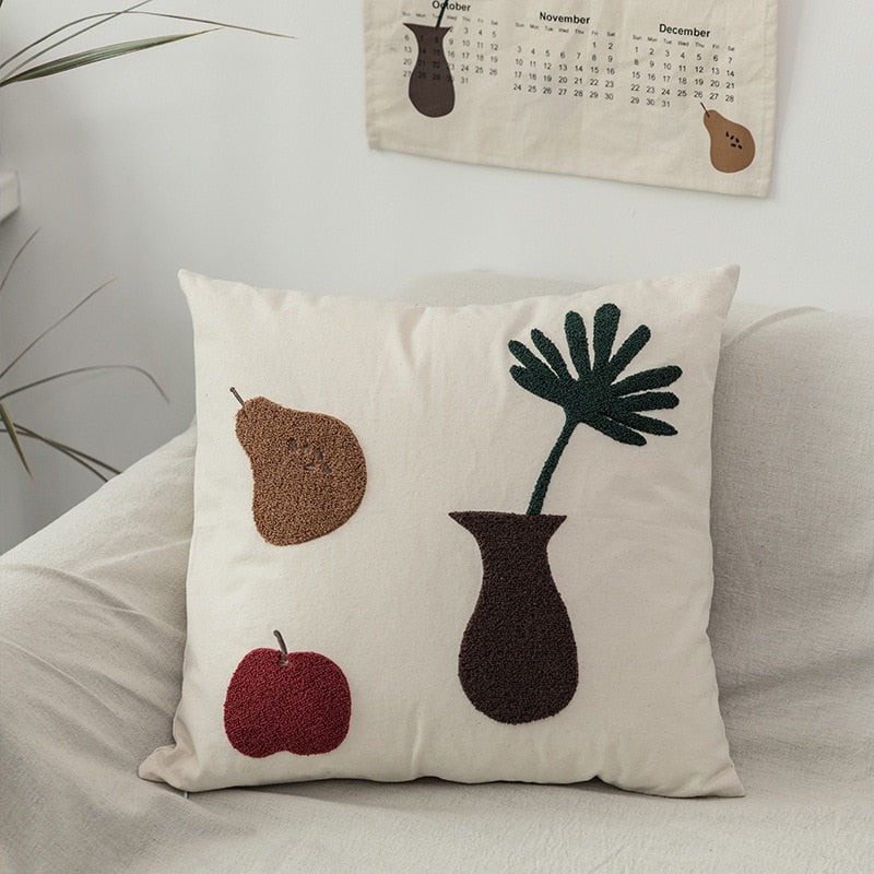 Cheeky Cat & Monstera Leaf Embroidered Cushion Cover