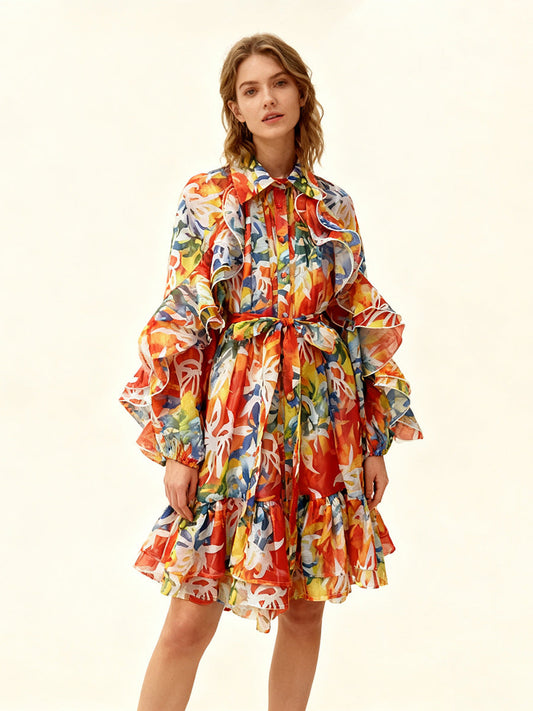 Single-breasted Stylish Tie-waist Collar Long-sleeved Dress NorixaFashion.com