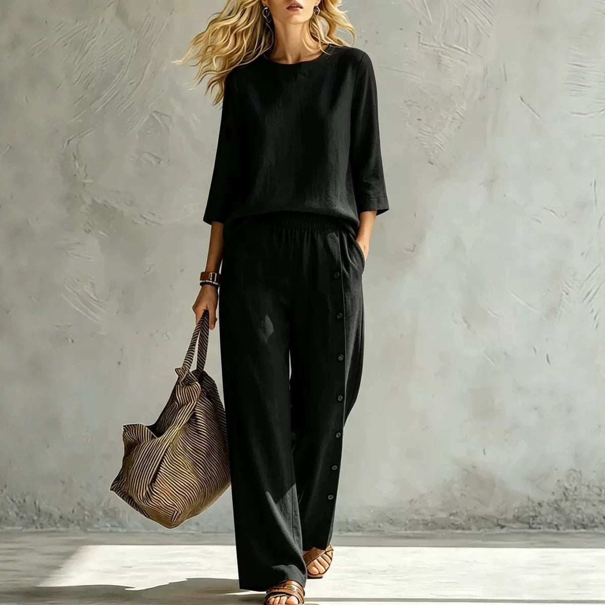 2026 European And American Women's Fashionable Solid Color Buckle Design Casual Loose Two-piece Set NorixaFashion.com