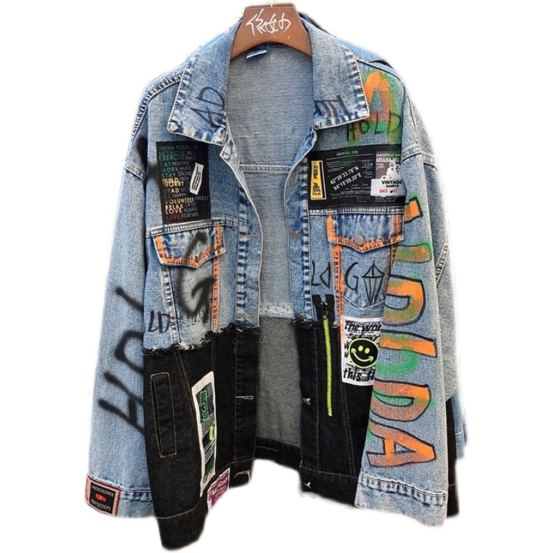 Women's Spliced Graffiti Print Denim Jacket for Streetwear Pi-Mart
