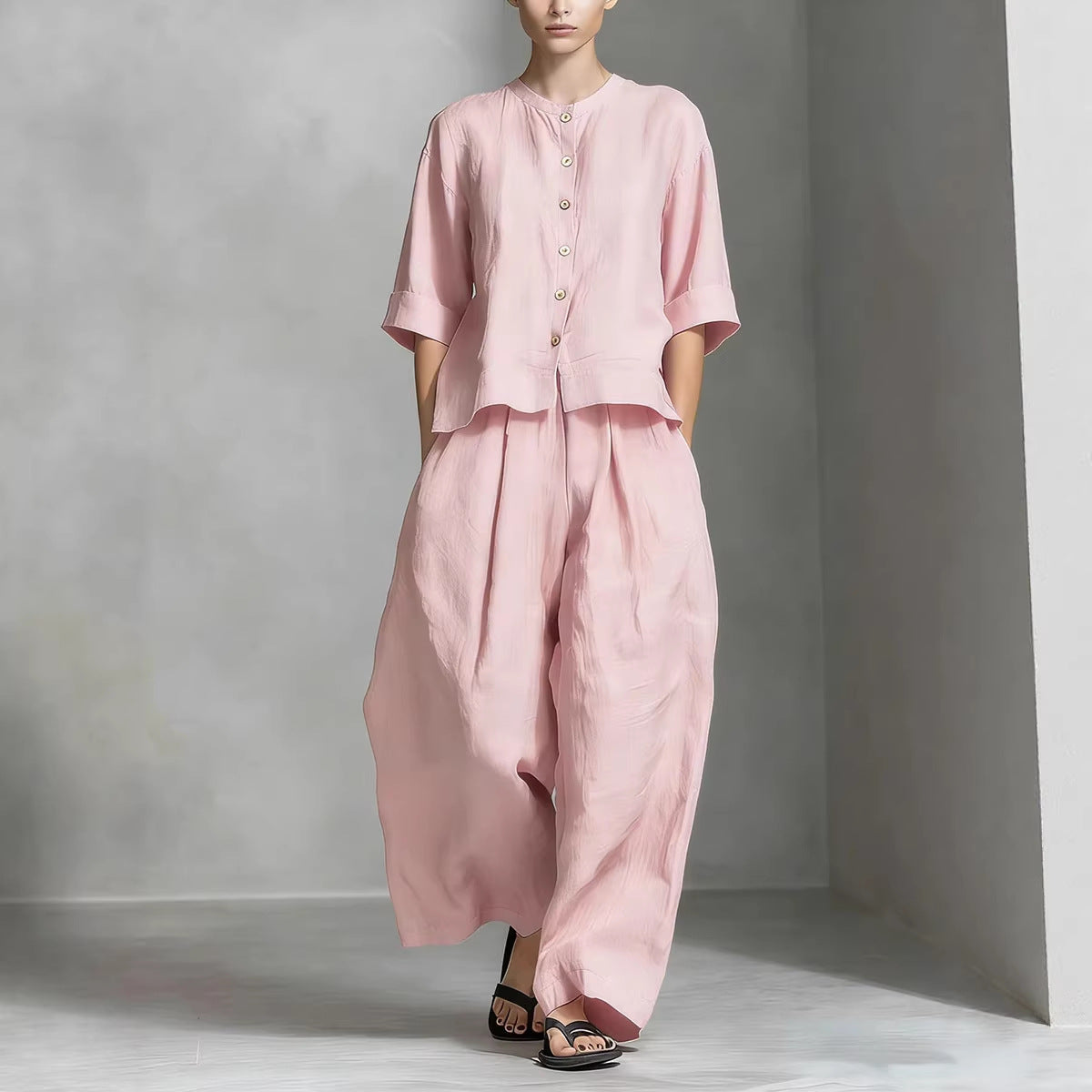 Solid-color Cotton-linen Shirt And Loose-fitting Trousers Two-piece Set NorixaFashion.com