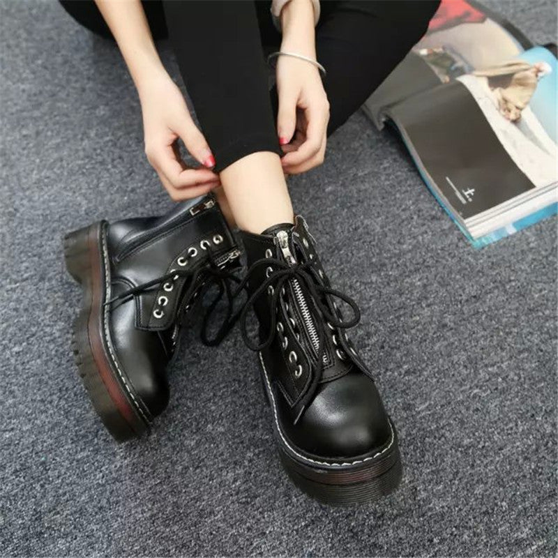 Round Toe Front Lace Up Womens Boots Mid Tube Martin Boots LadyShow.Store