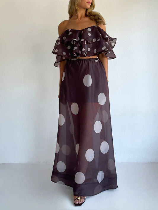 Sexy Strapless Irregular Print Ruffled Fashion Suit Long Dress NorixaFashion.com