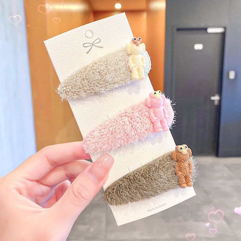 Children Cartoon Plush Bear Hairpin 3 Sets