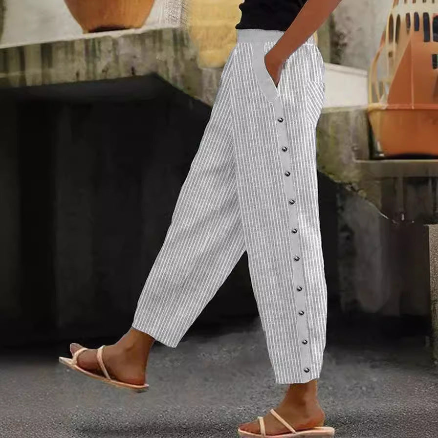 Printed Striped Button-binding Elastic Waist Cropped Pants NorixaFashion.com
