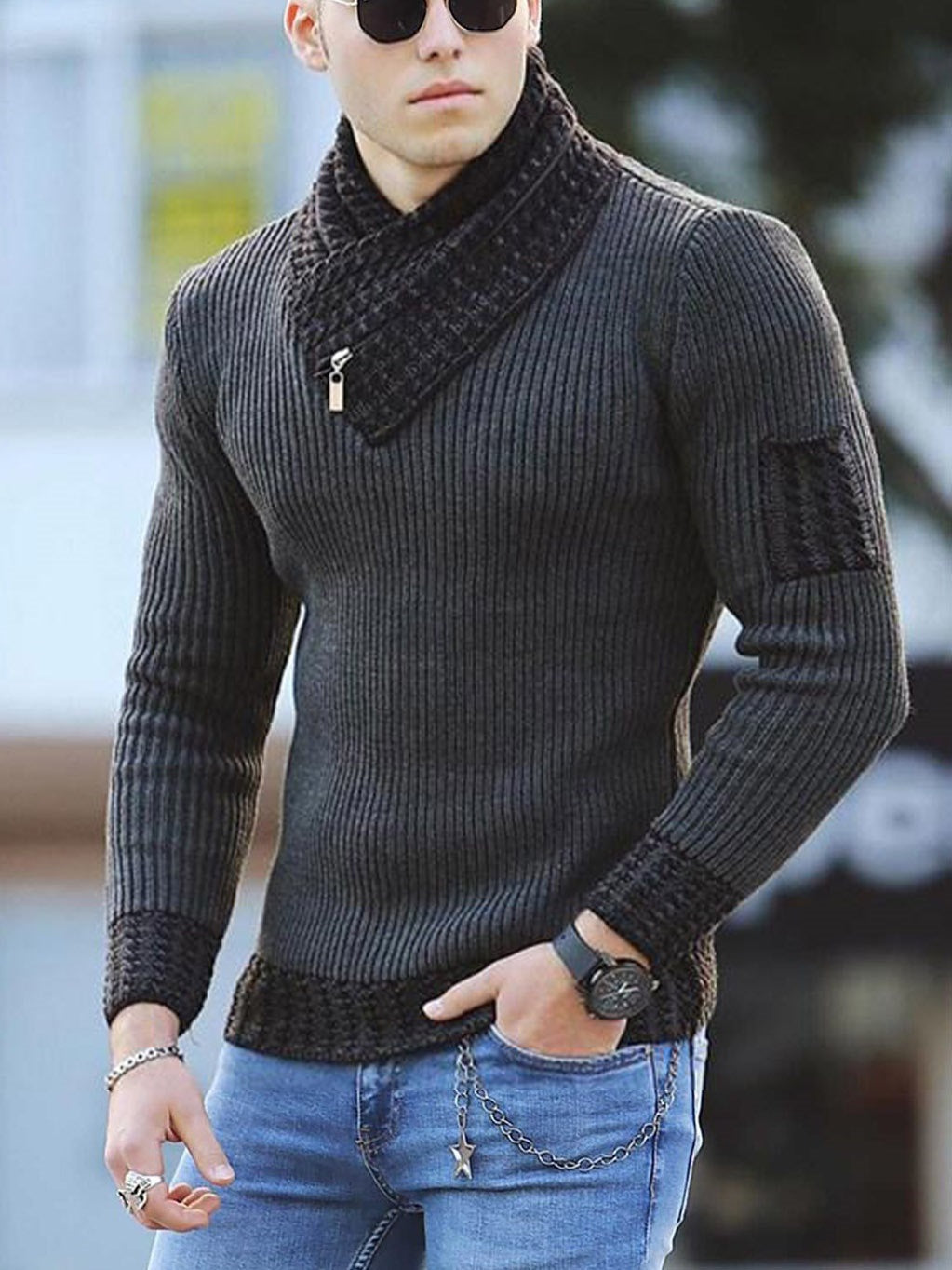 Independent Station Casual Slim Knit Pullover Long-sleeved Scarf Collar Sweater Men's LadyShow.Store
