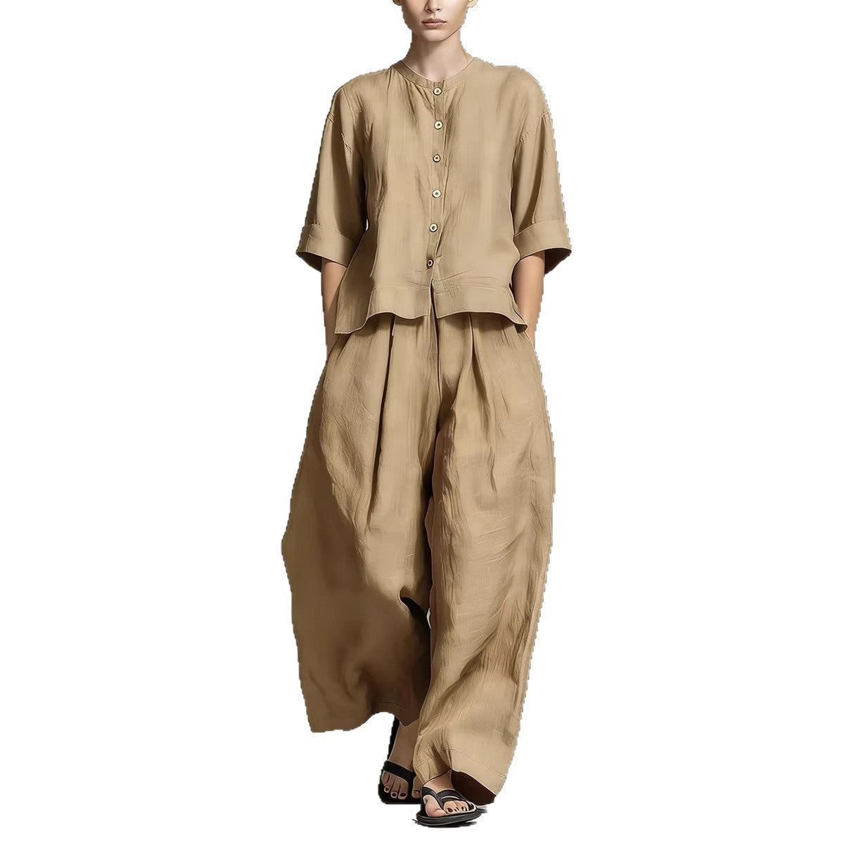 Solid-color Cotton-linen Shirt And Loose-fitting Trousers Two-piece Set NorixaFashion.com